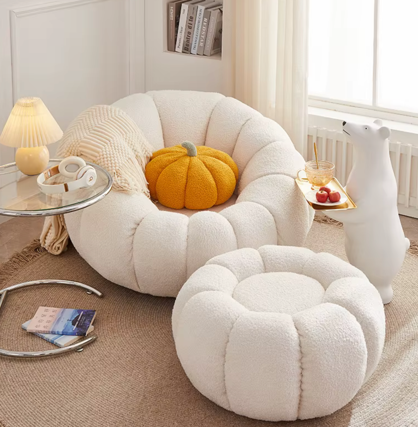 Internet Popular Pumpkin Single Sofa Chair for Small Apartment Lazy Tatami Balcony Bedroom Comfortable Foam Fabric Backrest Set