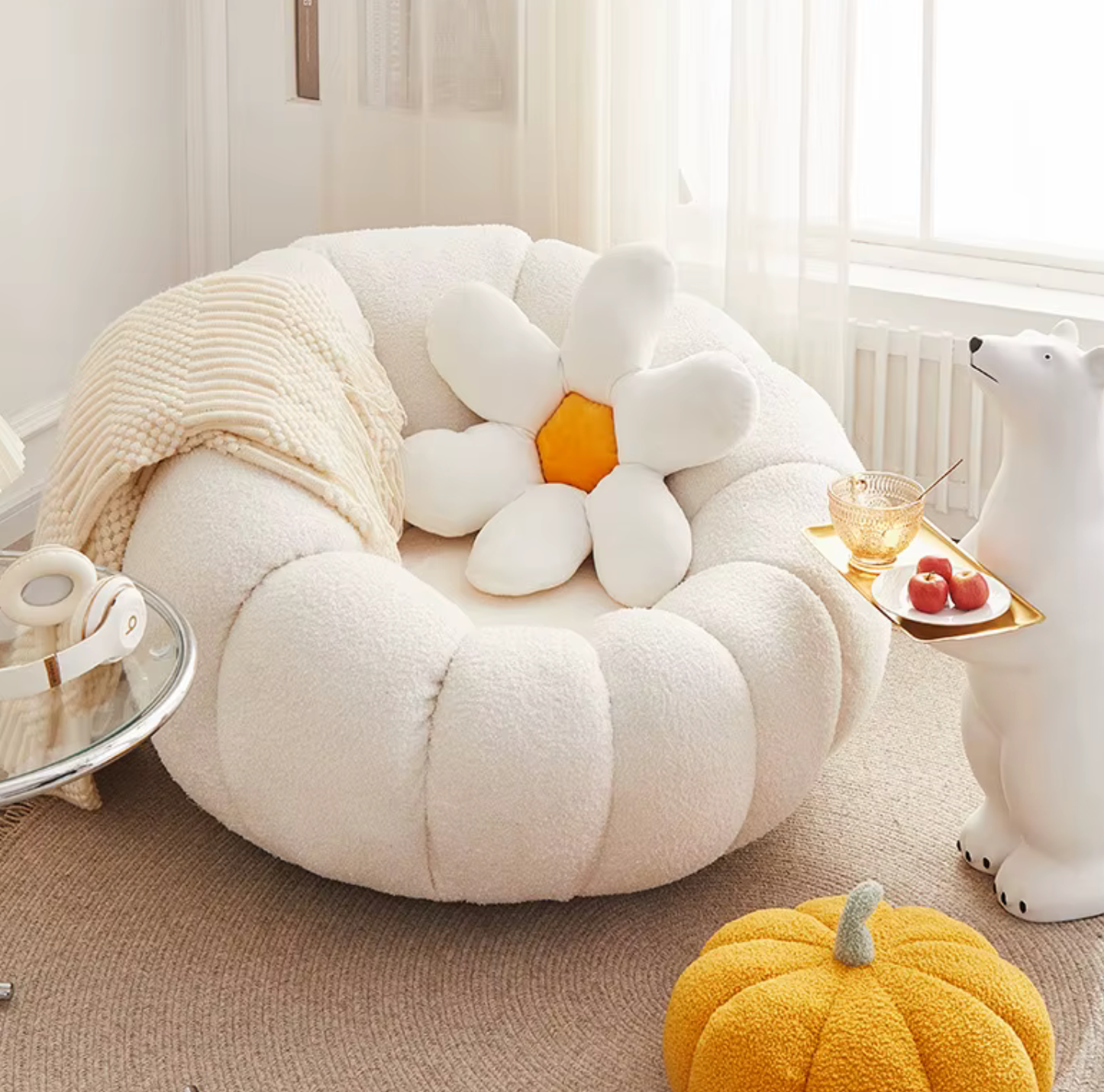 Internet Popular Pumpkin Single Sofa Chair for Small Apartment Lazy Tatami Balcony Bedroom Comfortable Foam Fabric Backrest Set