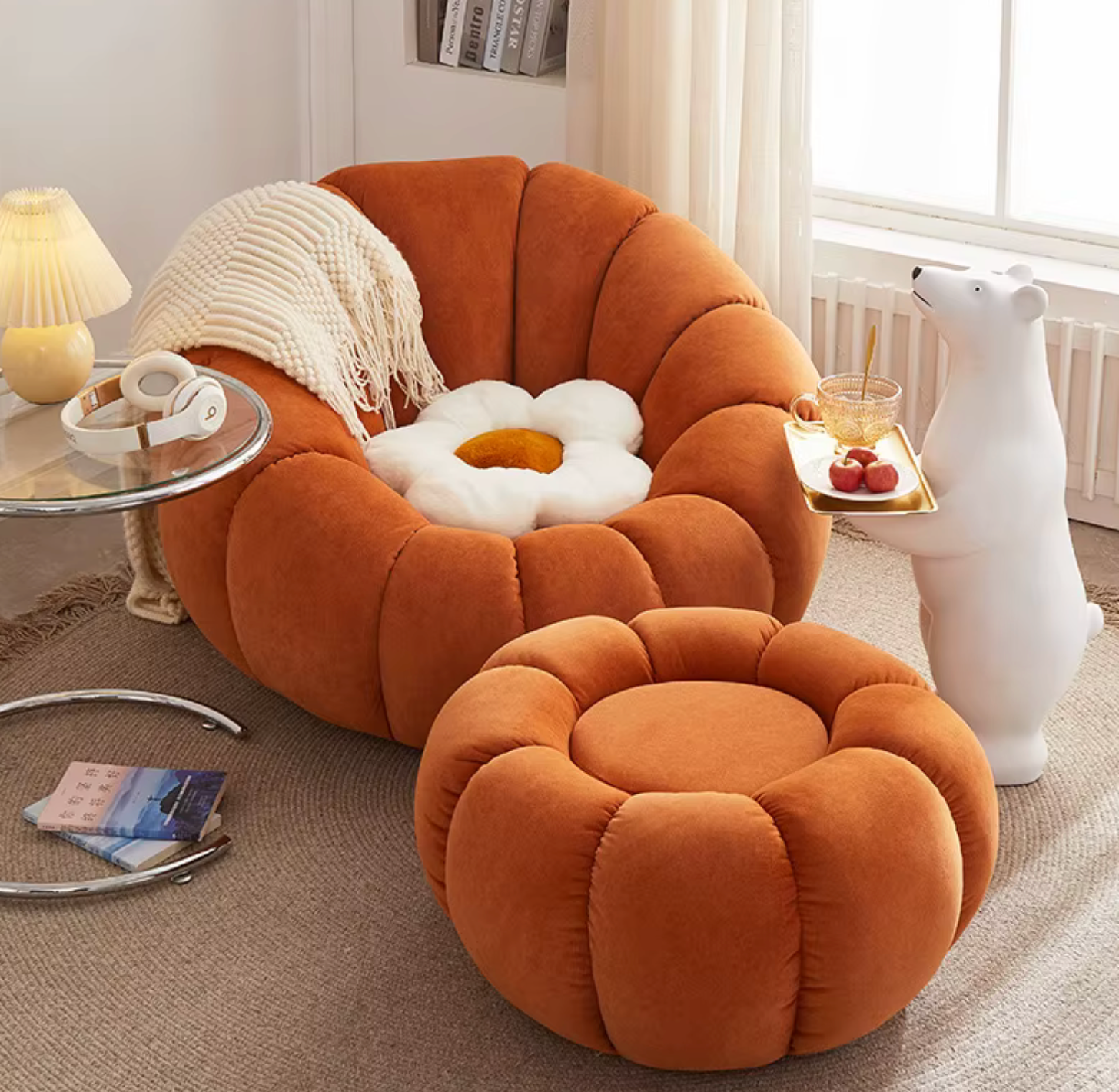 Internet Popular Pumpkin Single Sofa Chair for Small Apartment Lazy Tatami Balcony Bedroom Comfortable Foam Fabric Backrest Set