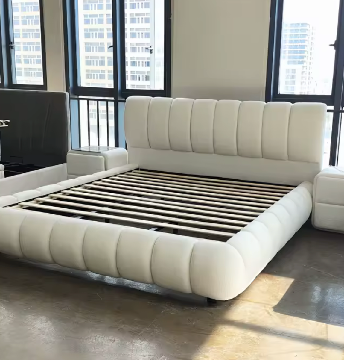 Custom Creamy Up-Holstered Beds Fabric Modern Upholstered Storage Bed Luxury Full Size King Size Wooden Double Bed Frames