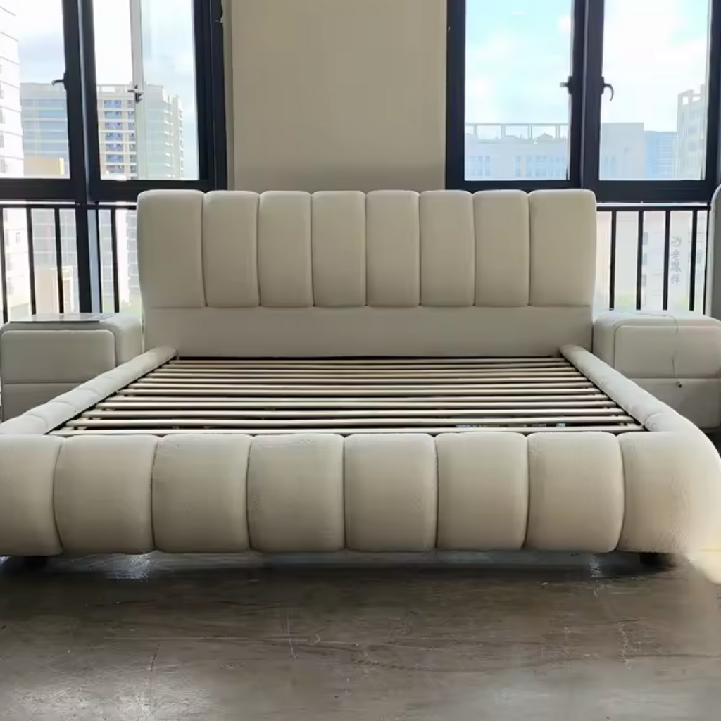 Custom Creamy Up-Holstered Beds Fabric Modern Upholstered Storage Bed Luxury Full Size King Size Wooden Double Bed Frames