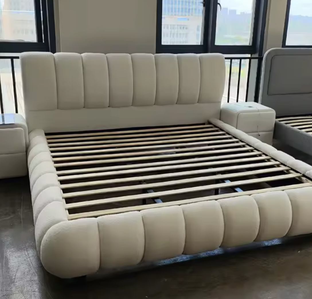 Custom Creamy Up-Holstered Beds Fabric Modern Upholstered Storage Bed Luxury Full Size King Size Wooden Double Bed Frames