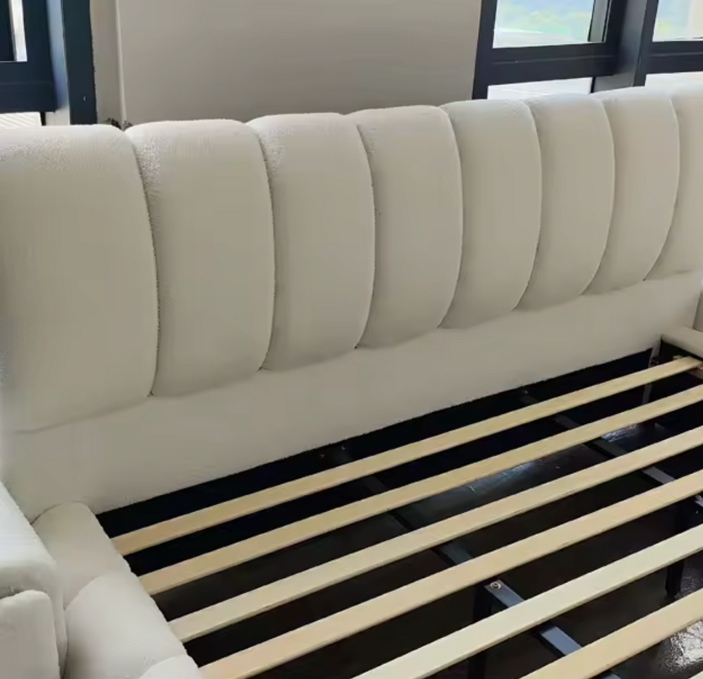 Custom Creamy Up-Holstered Beds Fabric Modern Upholstered Storage Bed Luxury Full Size King Size Wooden Double Bed Frames