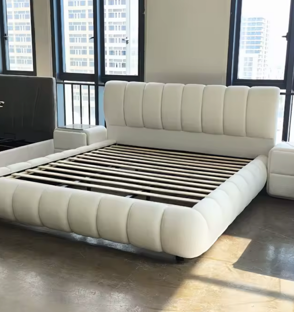 Custom Creamy Up-Holstered Beds Fabric Modern Upholstered Storage Bed Luxury Full Size King Size Wooden Double Bed Frames